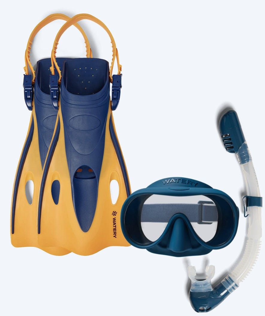 Watery zestaw maska, rurka i płetwy do snorkelingu dla dzieci (4-10) - Launch/Alton - Ciemnoniebieski/Pomarańczowy