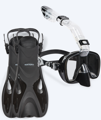 Watery zestaw maska + rurka + płetwy do snorkelingu dla dzieci - Fisher/Pearl - Czarny