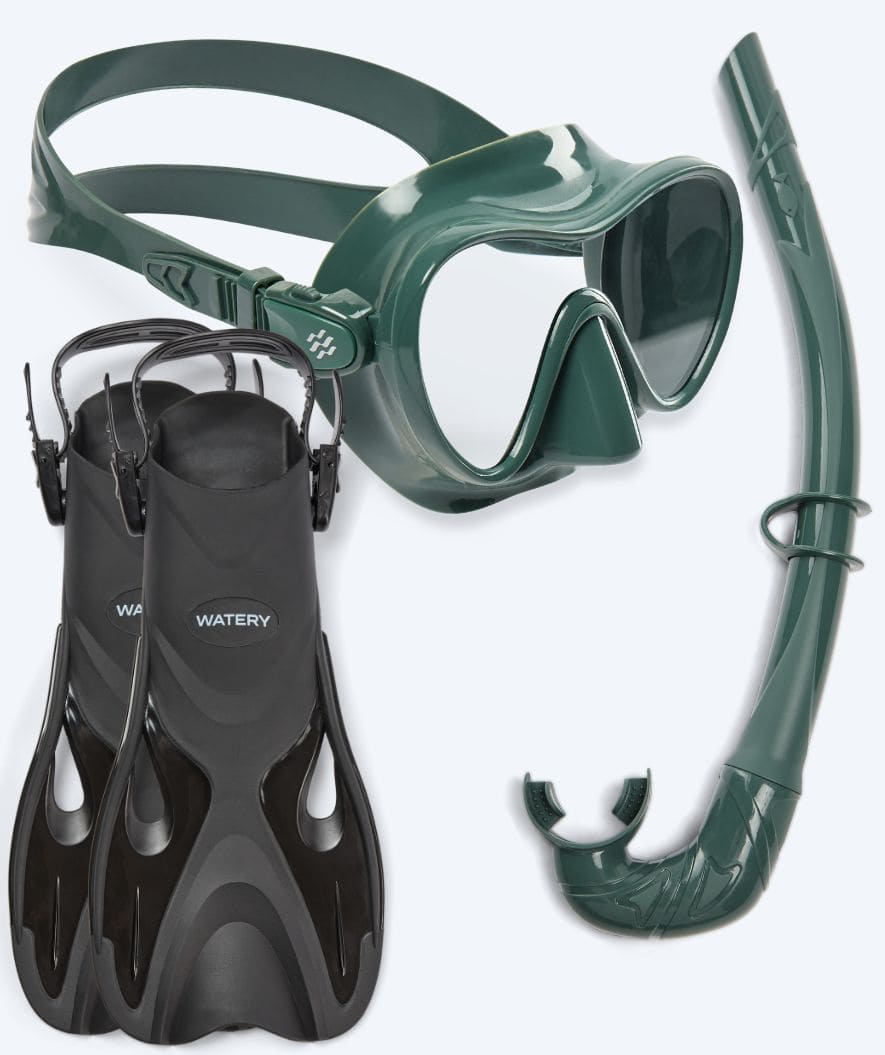 Watery zestaw maska, rurka i płetwy do snorkelingu dla dorosłych - Fisher/Cliff - Ciemnozielony