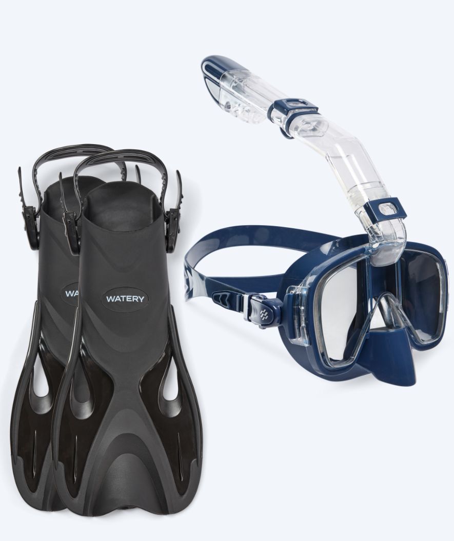 Watery zestaw maska, rurka i płetwy do snorkelingu dla dorosłych - Fisher/Pearl - Ciemnoniebieski