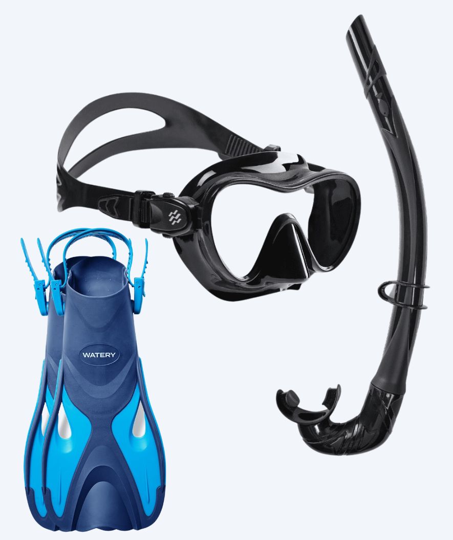 Watery zestaw maska, rurka i płetwy do snorkelingu dla dzieci - Fisher/Cliff - Niebieski/czarny