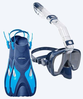 Watery zestaw maska + rurka + płetwy do snorkelingu dla dzieci - Fisher/Pearl - Niebieski/Ciemnoniebieski