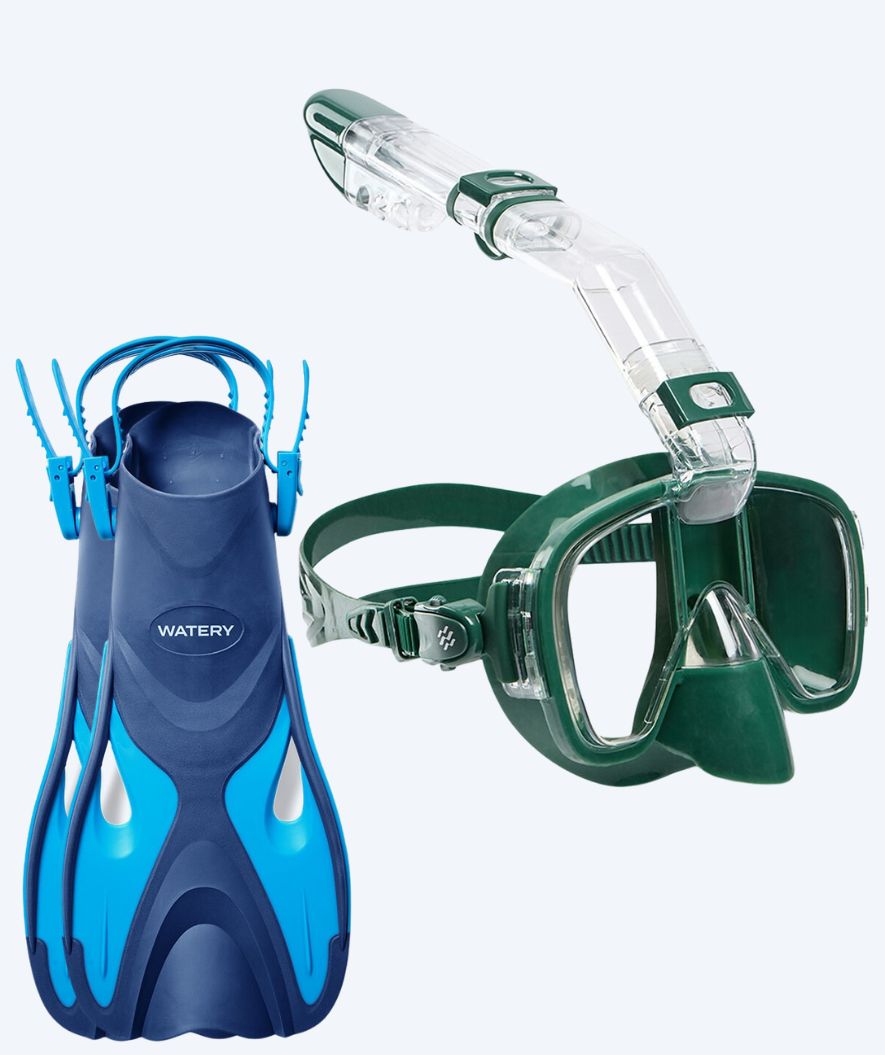 Watery zestaw maska, rurka i płetwy do snorkelingu dla dorosłych - Fisher/Pearl - Niebieski/ciemnozielony