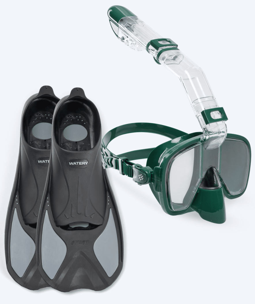 Watery zestaw maska, rurka i płetwy do snorkelingu dla dzieci - Pike/Pearl - Ciemnozielony