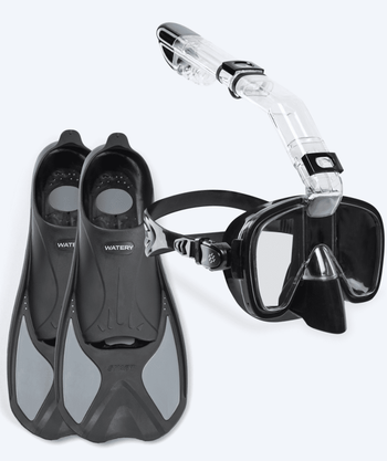 Watery zestaw maska + rurka + płetwy do snorkelingu dla dzieci - Pike/Pearl - Czarny