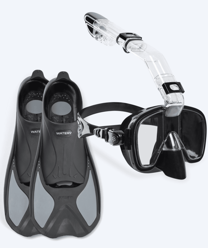 Watery zestaw maska + rurka + płetwy do snorkelingu dla dzieci - Pike/Pearl - Czarny