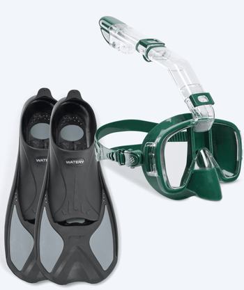 Watery zestaw maska + rurka + płetwy do snorkelingu dla dorosłych - Pike/Pearl - Ciemnozielony