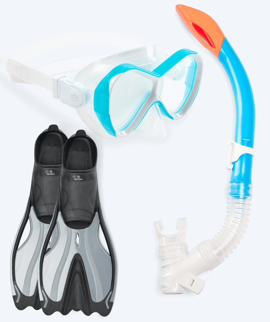 Watery zestaw maska + rurka + płetwy do snorkelingu dla dzieci - Delphina/Triton - Jasnoniebieski