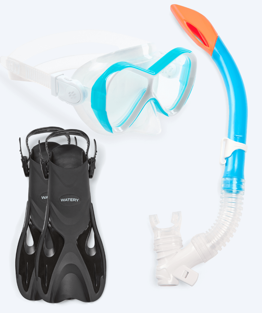 Watery zestaw maska, rurka i płetwy do snorkelingu dla dzieci - Fisher/Triton - Jasnoniebieski