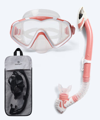Watery zestaw maska + rurka + płetwy do snorkelingu dla dorosłych (od 15 lat) - Leach Pro - Biały/jasnoróżowy