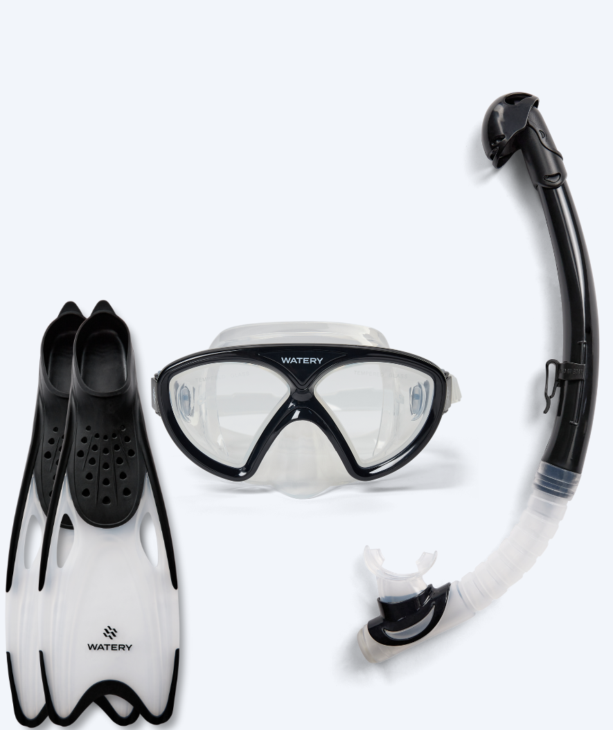 Watery zestaw maska, rurka i płetwy do snorkelingu dla junior (8-15) - Ohio/Rilian - Czarny/czarny