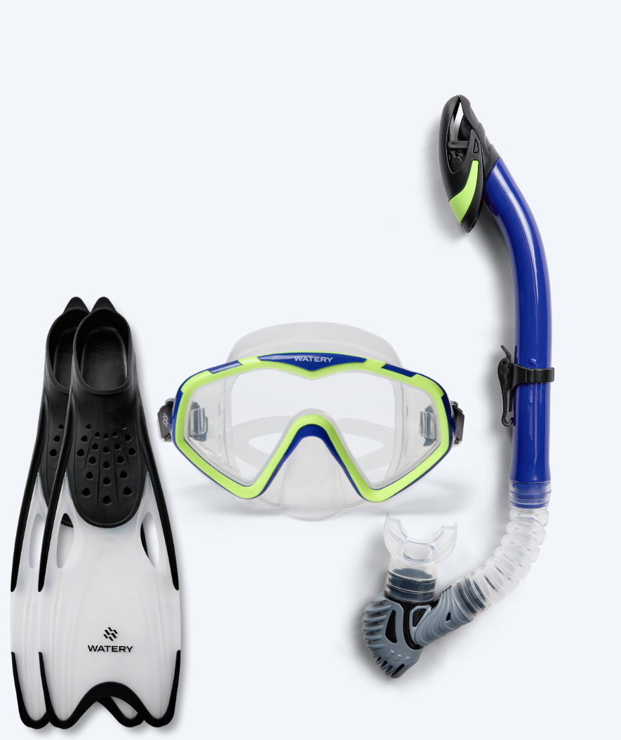 Watery zestaw maska, rurka i płetwy do snorkelingu dla dorosłych (od 15 lat) - Leach/Rilian - Niebieski/czarny