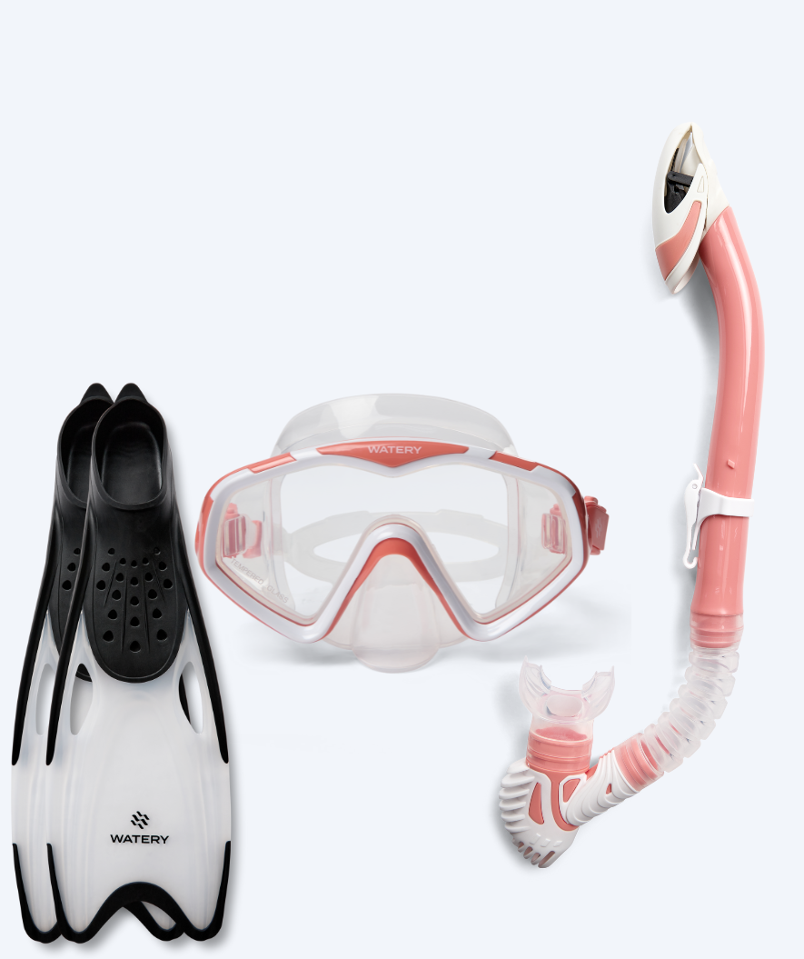 Watery zestaw maska, rurka i płetwy do snorkelingu dla dorosłych (od 15 lat) - Leach/Rilian - Jasnoróżowy/czarny