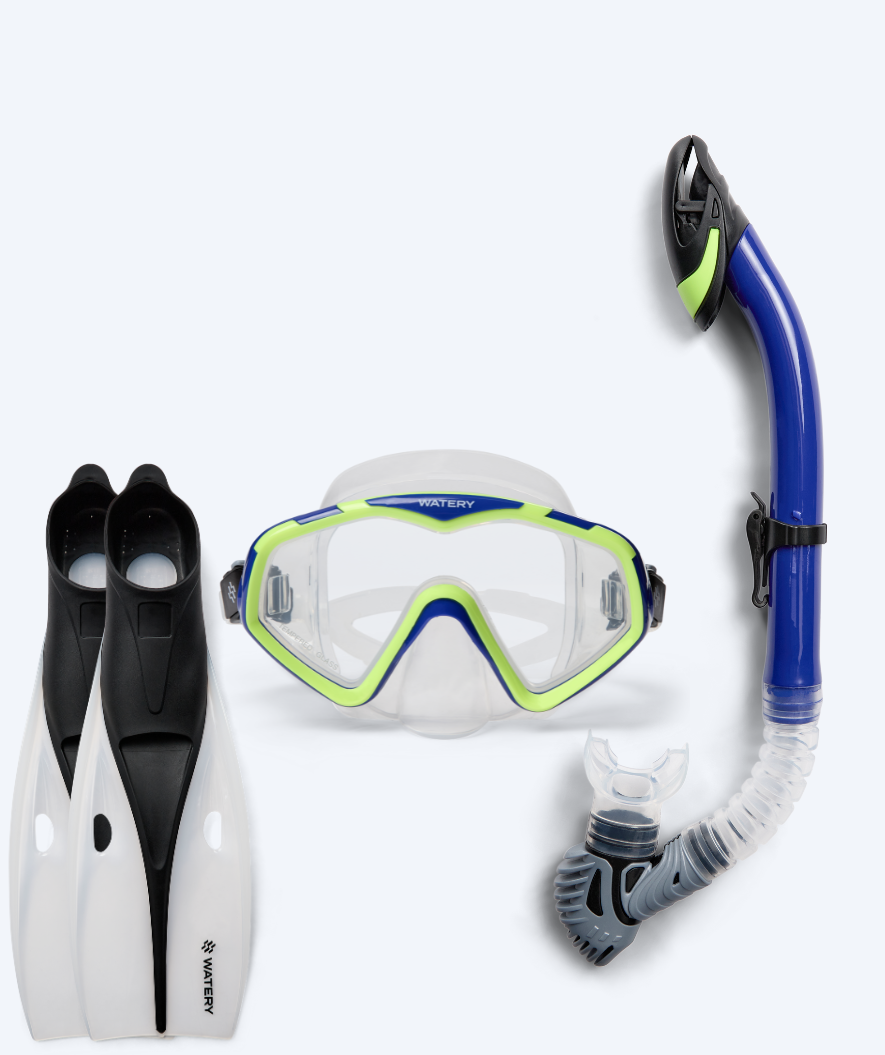 Watery zestaw maska, rurka i płetwy do snorkelingu dla dorosłych (od 15 lat) - Leach/Breeve - Niebieski/żółty