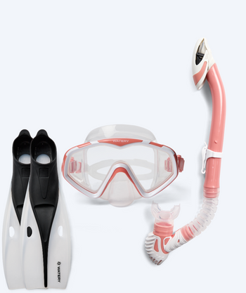 Watery zestaw maska + rurka + płetwy do snorkelingu dla dorosłych (od 15 lat) - Leach/Breeve - Biały/jasnoróżowy